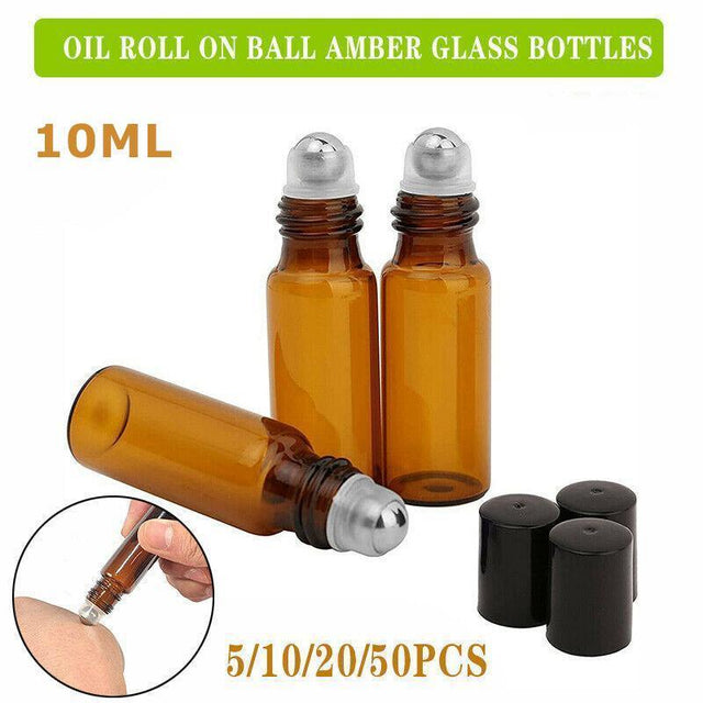 10Ml Roller Rollerball Perfume Essential Oil Roll On Ball Amber Glass Bottle - 10PCS