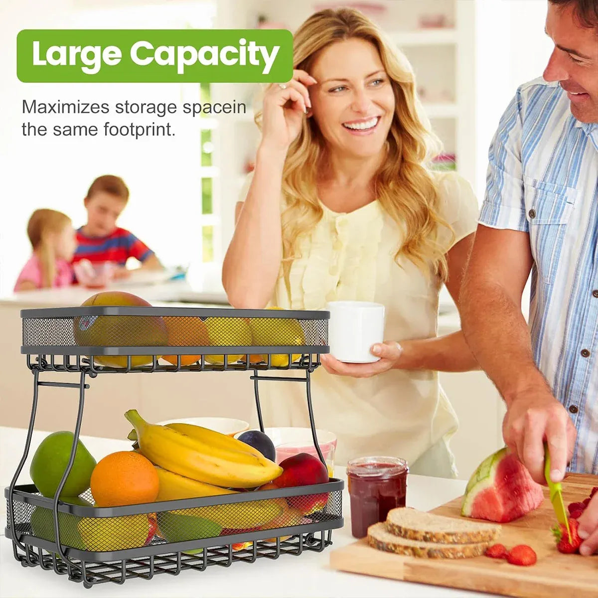 2 Tier Countertop Storage Basket Rack Kitchen Vegetable Fruit Snack Organizer