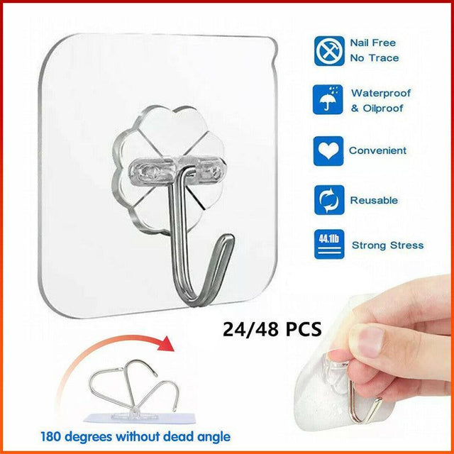 24 48Pcs Clear Seamless Adhesive Hook Strong Stick Wall Load Kitchen Hanger 24