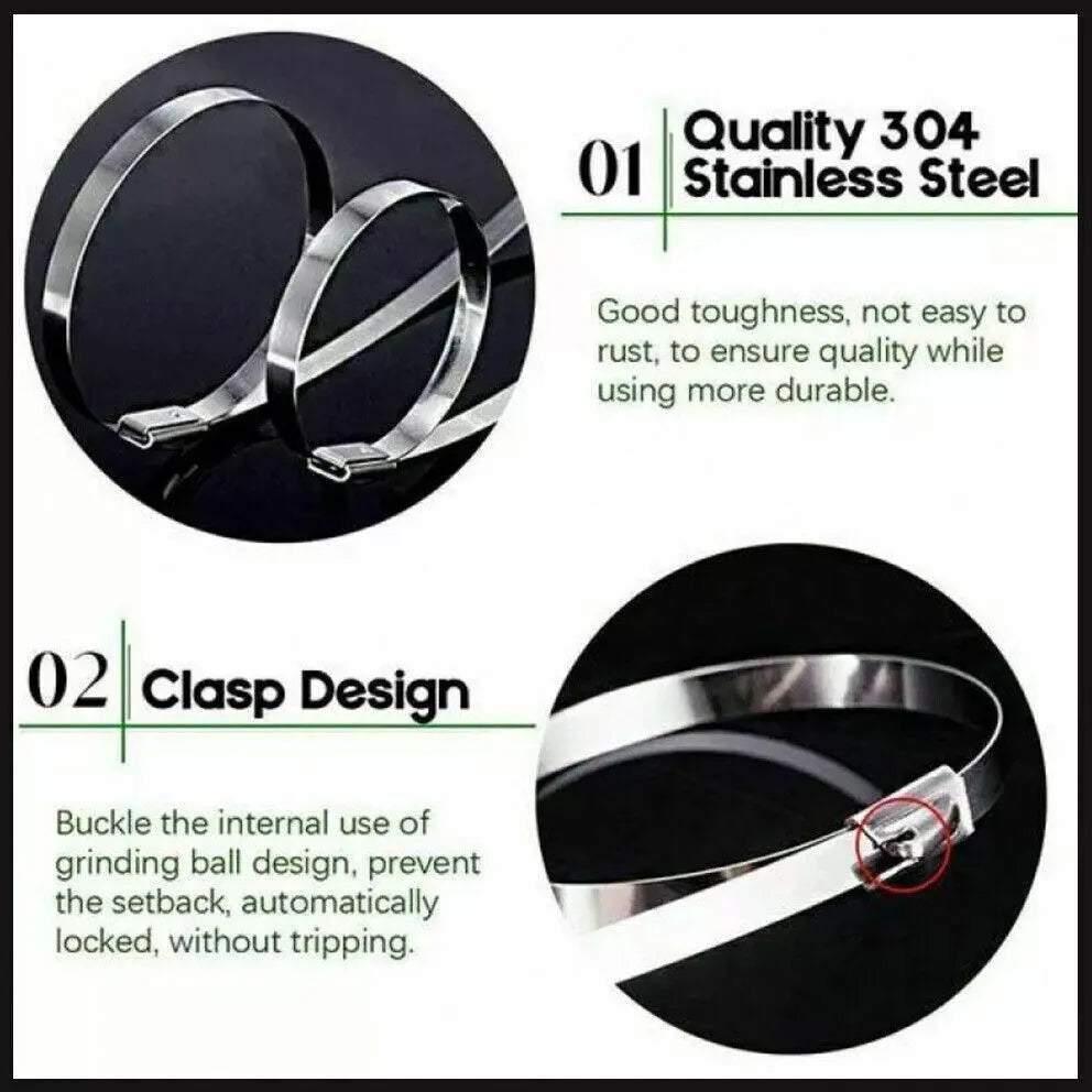 100x Stainless Steel Cable Ties SS304 Marine Grade Zip Strap Locking Wrap 100-800mm - 7.9*800mm