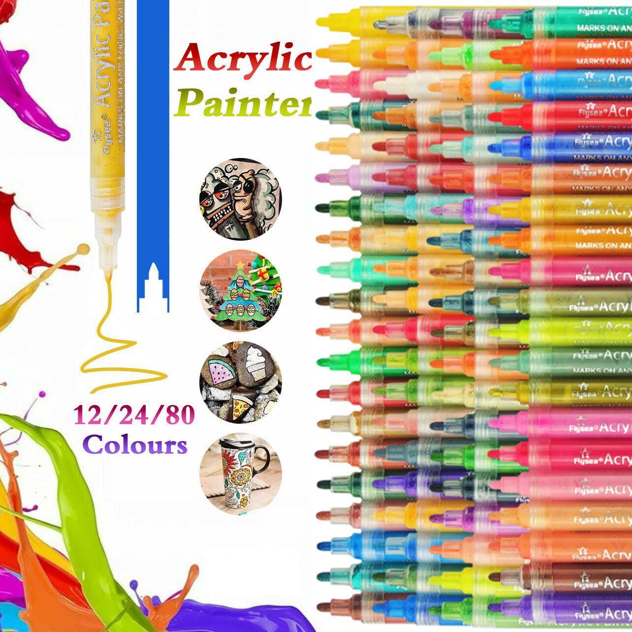 Flysea 12-80 Colours Acrylic Paint Pens Painting Stone Ceramic Glass Markers 0.7 - Black*3+White*3 Set