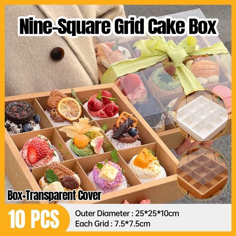 Clear Plastic Nine-grid Cake Box Pack of 10 Storage Containers High Quality - Khaki