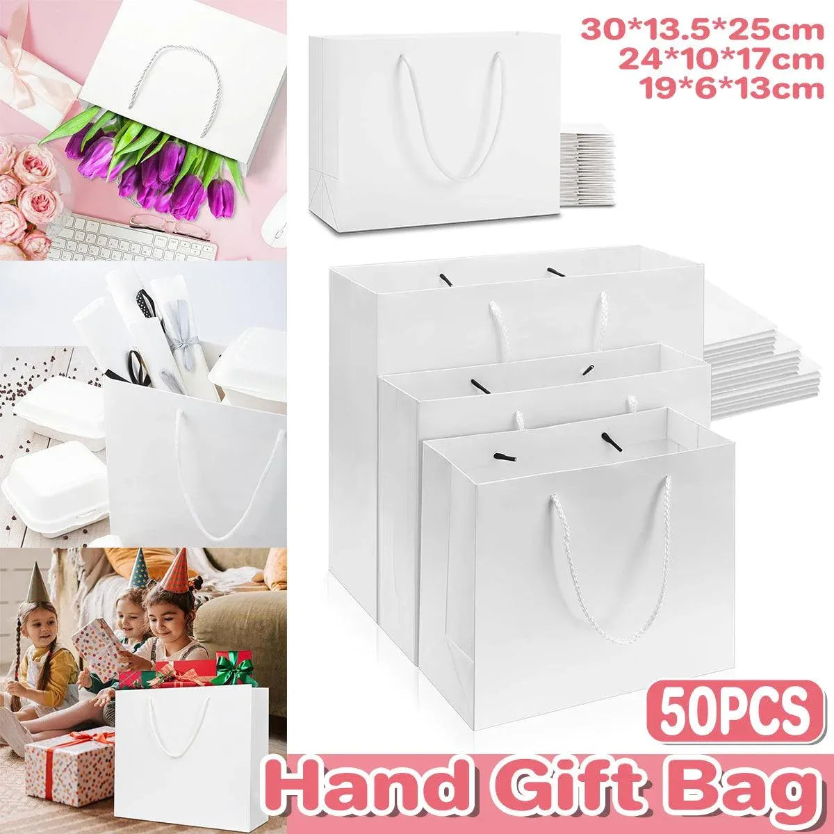 50PCS Kraft Paper Gift Bags Custom Blank Shopping Handbags for Garment Packaging - 25x30x13.5cm
