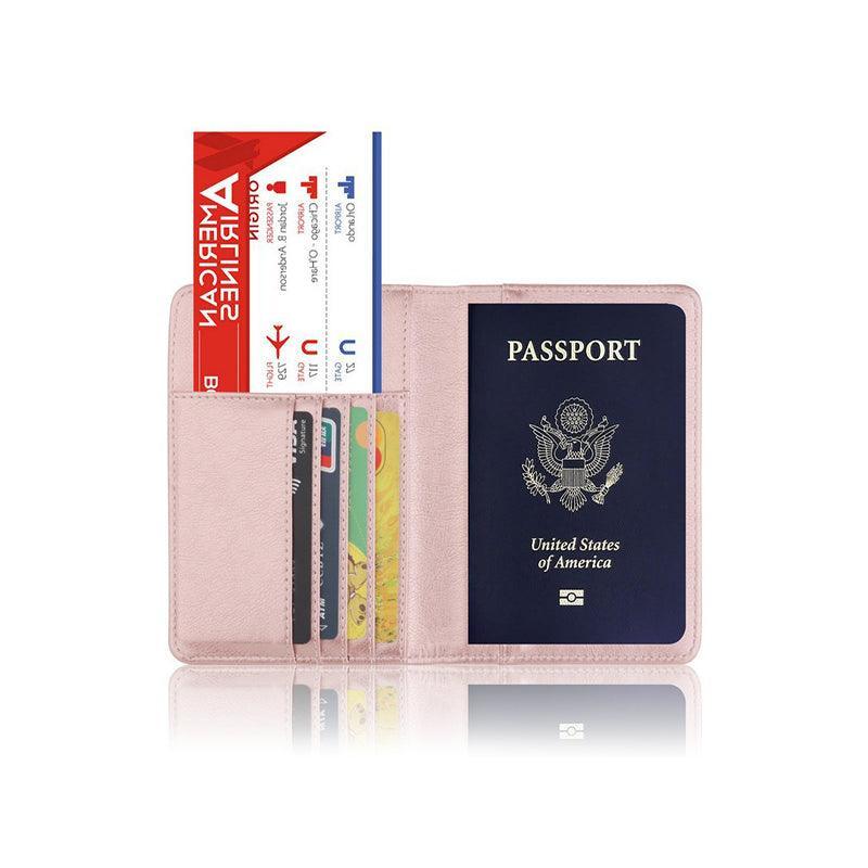RFID Passport Holder Slim Leather Travel Wallet ID Card Cover Case for Men Women - Rose Red