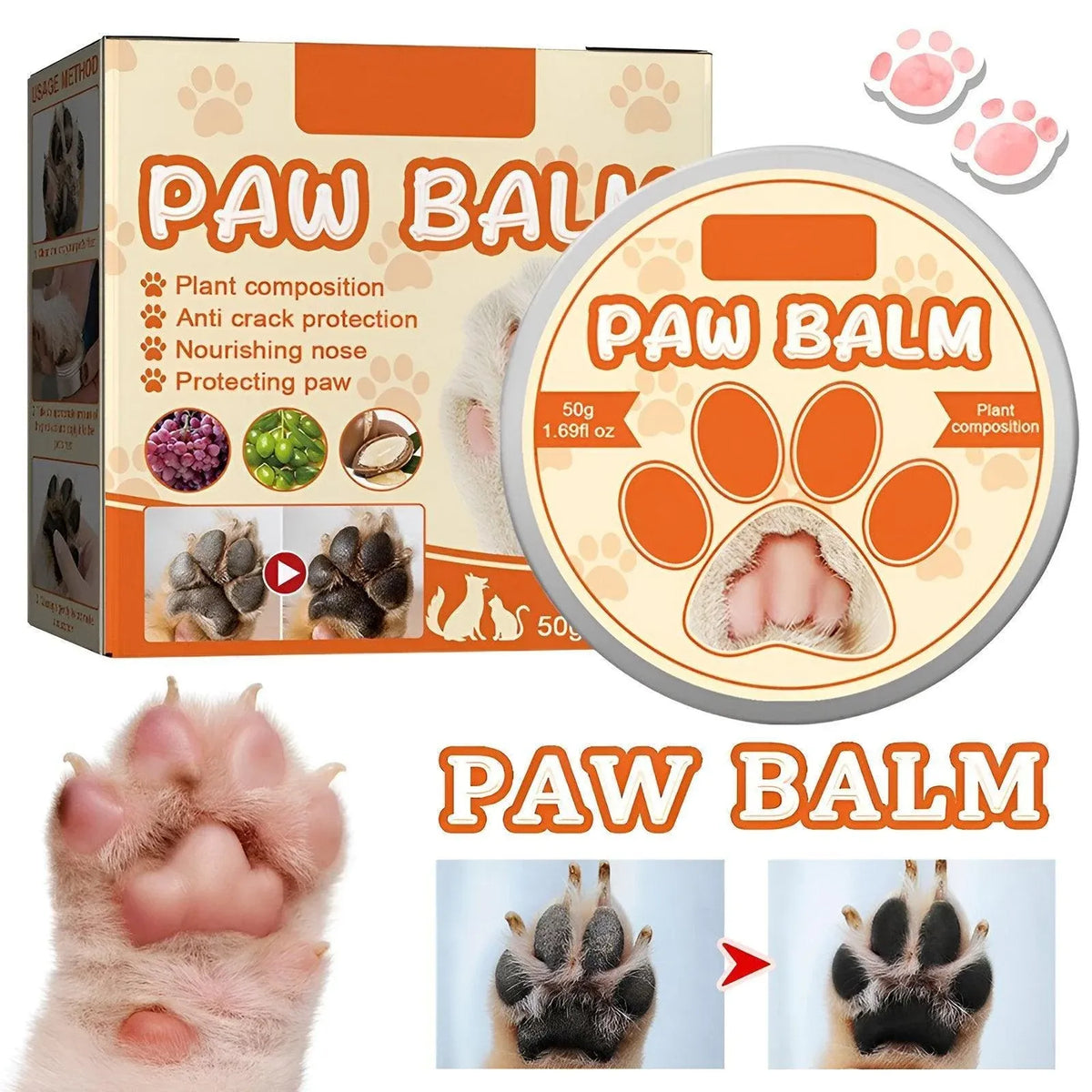 Dogs Cat Paw Balm Cream Pets Natural Lick Safe Dry Skin Cracked Paws Feet Care