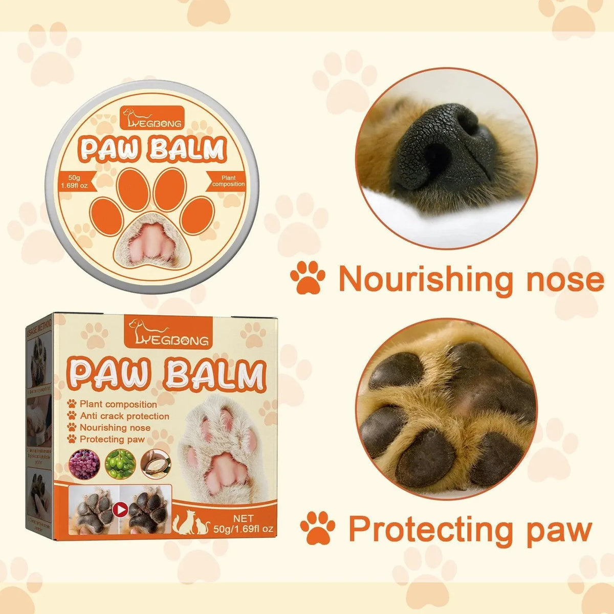 Dogs Cat Paw Balm Cream Pets Natural Lick Safe Dry Skin Cracked Paws Feet Care