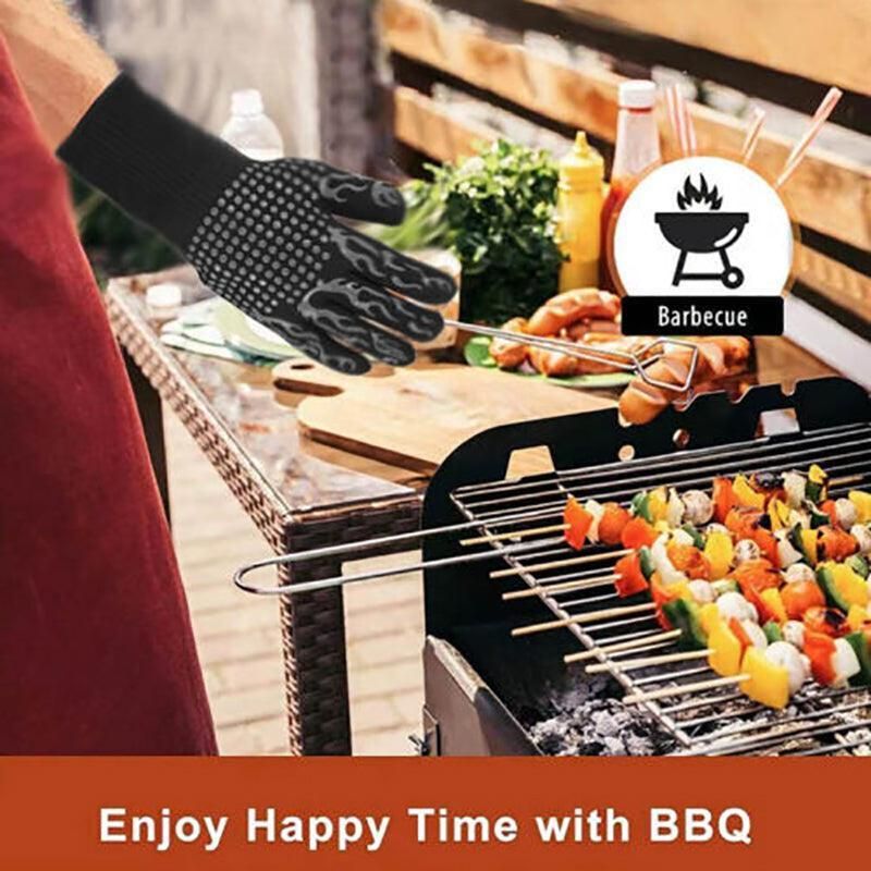 2X Heat Proof Resistant Oven Bbq Gloves 35Cm Kitchen Cooking Silicone Mitt New - Black