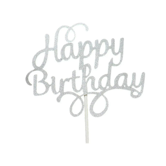 Happy Birthday Cake Topper Colour Printed Acrylic Silver