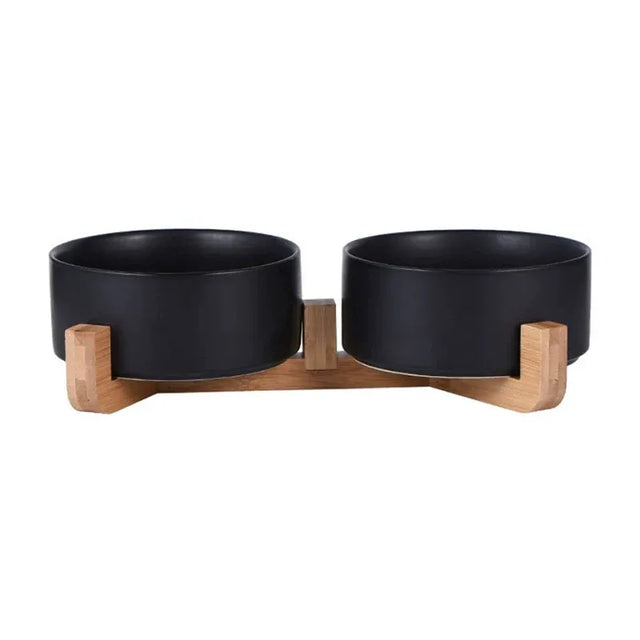 Ceramic Pet Bowl Double Cat Food Bowl Dog Water Bowl Feeding Drinking Bowl Set - Black