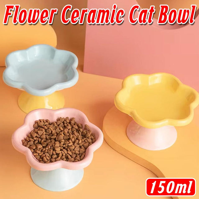 Flower Ceramic Cat Bowl Pet Food Bowl Snack Tray Cats Small Pets Feeding - Blue