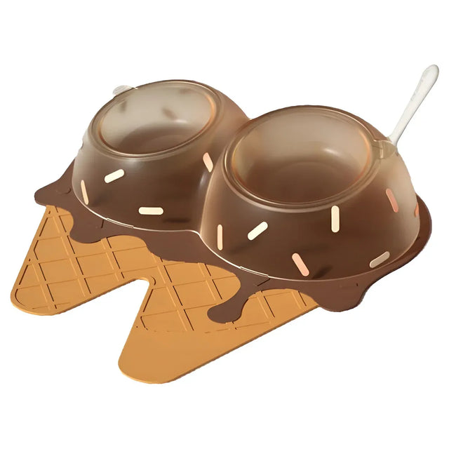 Detachable Ice Cream Shaped Bowls Pet Set Feeding Mat Spoon Cats Small - Brown