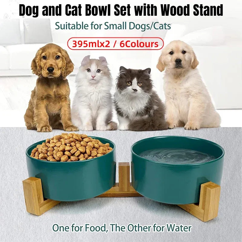 Ceramic Pet Bowl Double Cat Food Bowl Dog Water Bowl Feeding Drinking Bowl Set - Grey