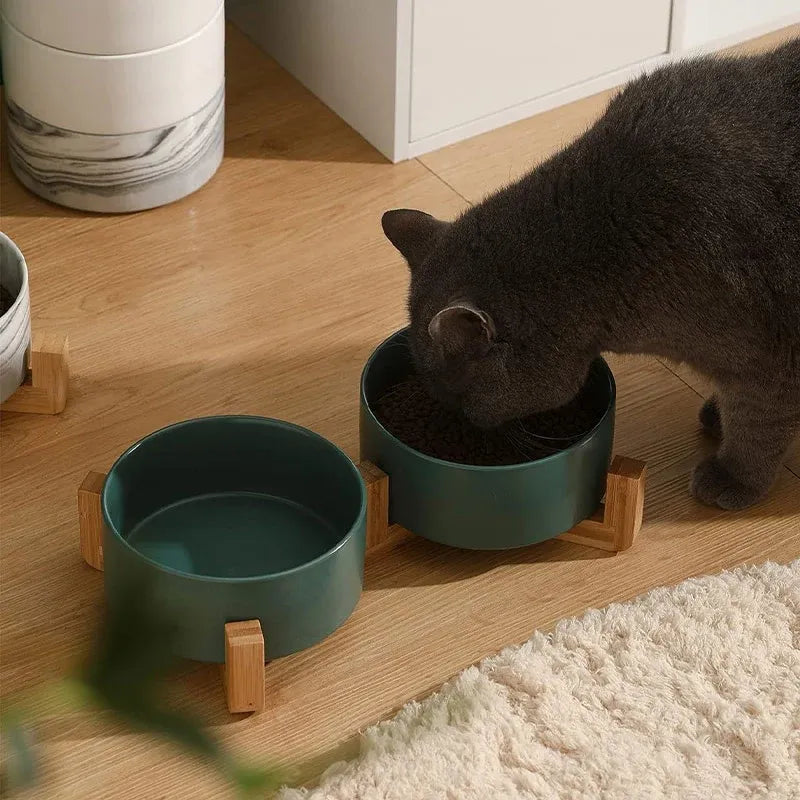Ceramic Pet Bowl Double Cat Food Bowl Dog Water Bowl Feeding Drinking Bowl Set - Grey