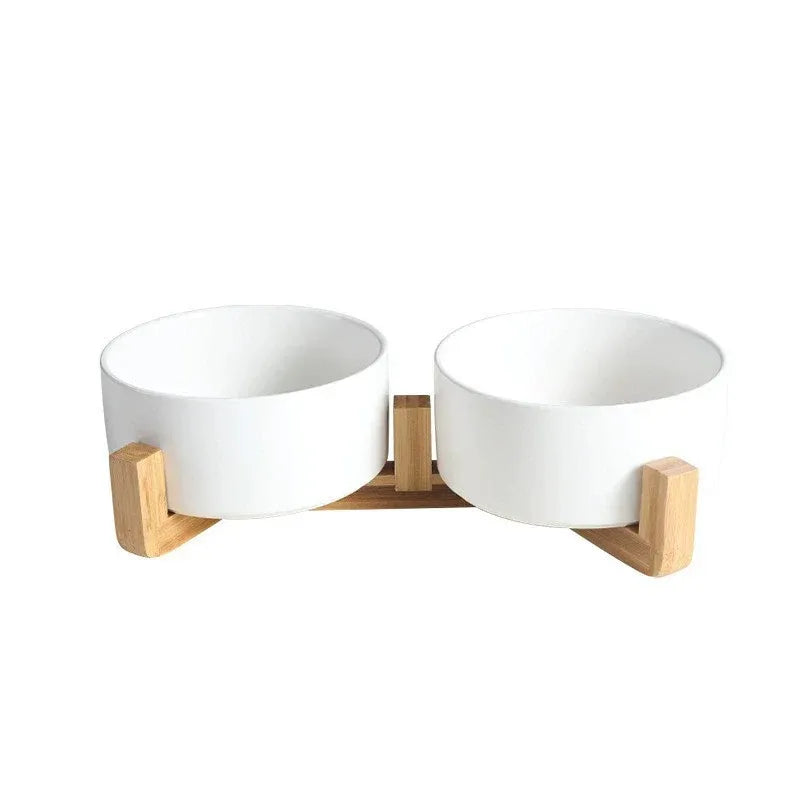 Ceramic Pet Bowl Double Cat Food Bowl Dog Water Bowl Feeding Drinking Bowl Set - White
