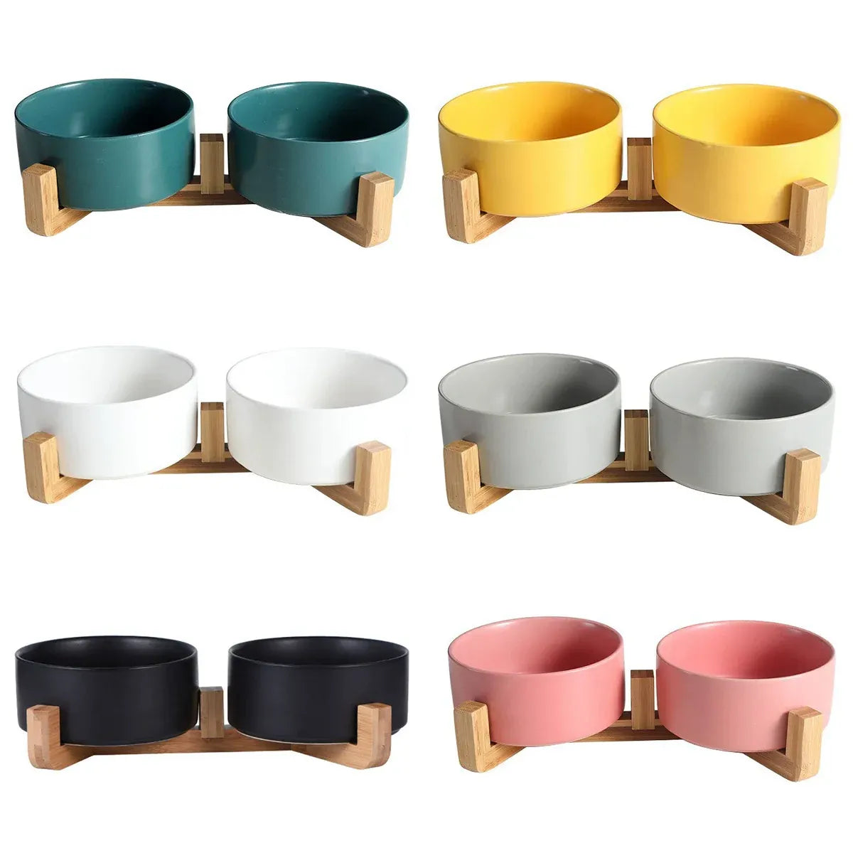 Ceramic Pet Bowl Double Cat Food Bowl Dog Water Bowl Feeding Drinking Bowl Set - Yellow