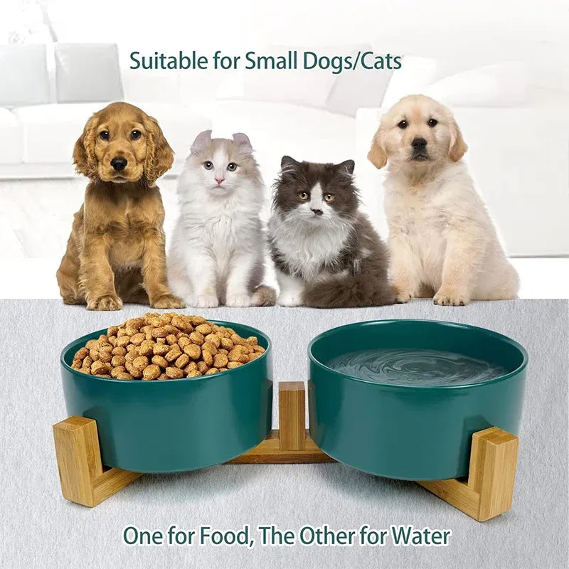 Ceramic Pet Bowl Double Cat Food Bowl Dog Water Bowl Feeding Drinking Bowl Set - Yellow