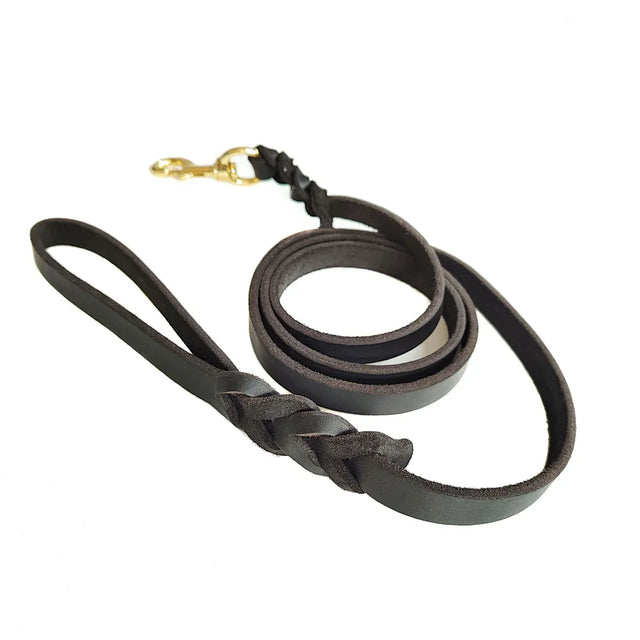 Dog Leash Cowhide Lead Heavy Duty Leather M Size Brown Walking Training Black
