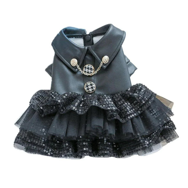 Autumn Winter Pet Dog Cat Dress Faux Leather Sequin Skirt Outfit for Small Dogs - L