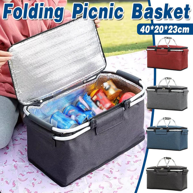Folding Picnic Basket Insulated Cooler Bag Portable Grocery Storage Grey