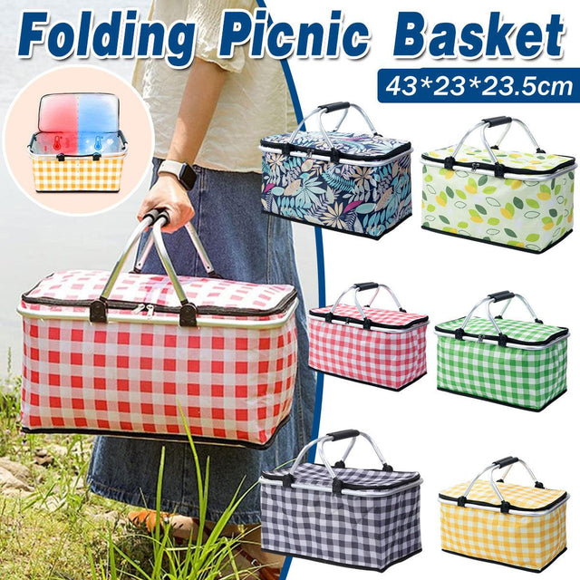Foldable Picnic Basket Camping Carrying Portable Food Storage Navy
