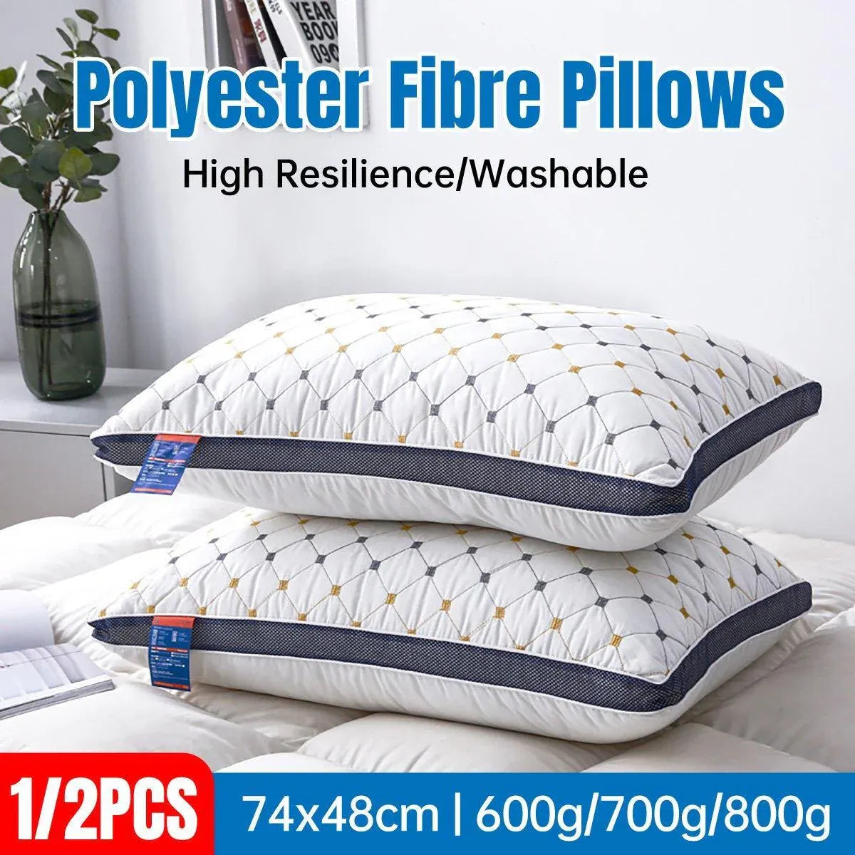 1/2pcs High Rebound Feather Velvet Pillow Washable Soft Bed Cushion Core Support - 700g-2pcs