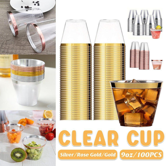 100pcs 9OZ Hot Gold Silver Plastic Wine Cup Western Food Cup Ice Cream - Rose Gold