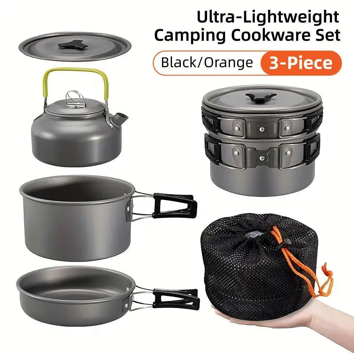 Lightweight Camping Cookware Set Outdoor Cooking Gear 3 Piece Travel Cook Set - Black