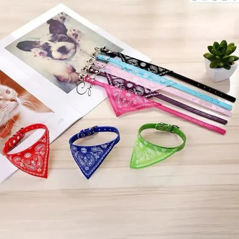 Adjustable Bandana Collar with Bell for Small Dogs and Cats Triangle Scarf Style - Blue