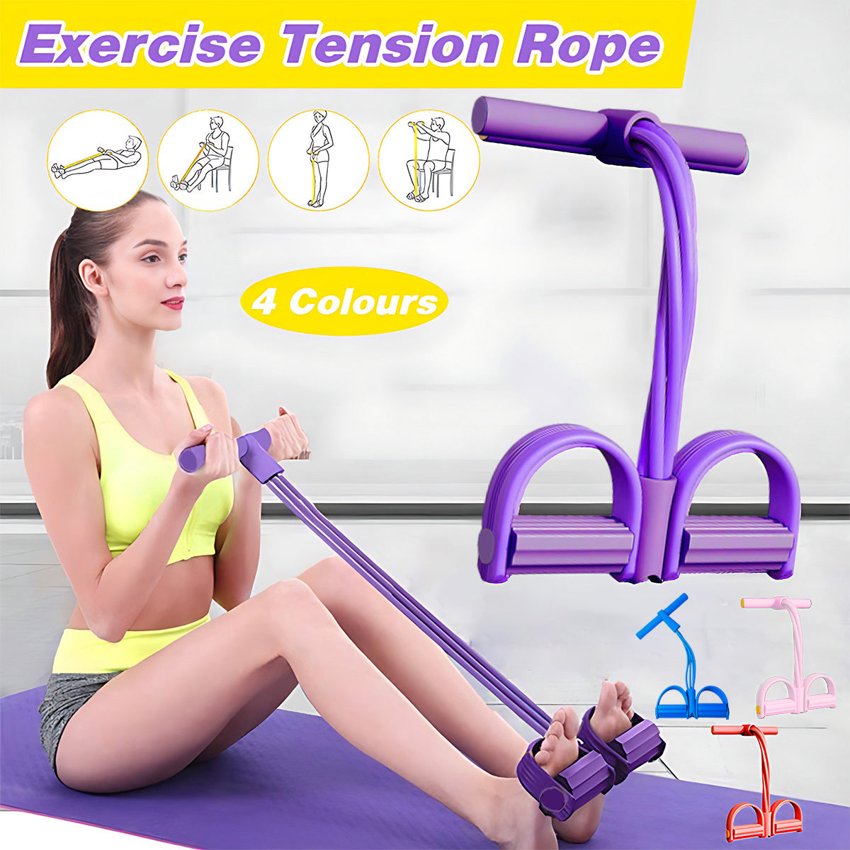Multi-Function Exercise Tension Rope Foot Pedal Resistance Fitness Pull Bands - Red