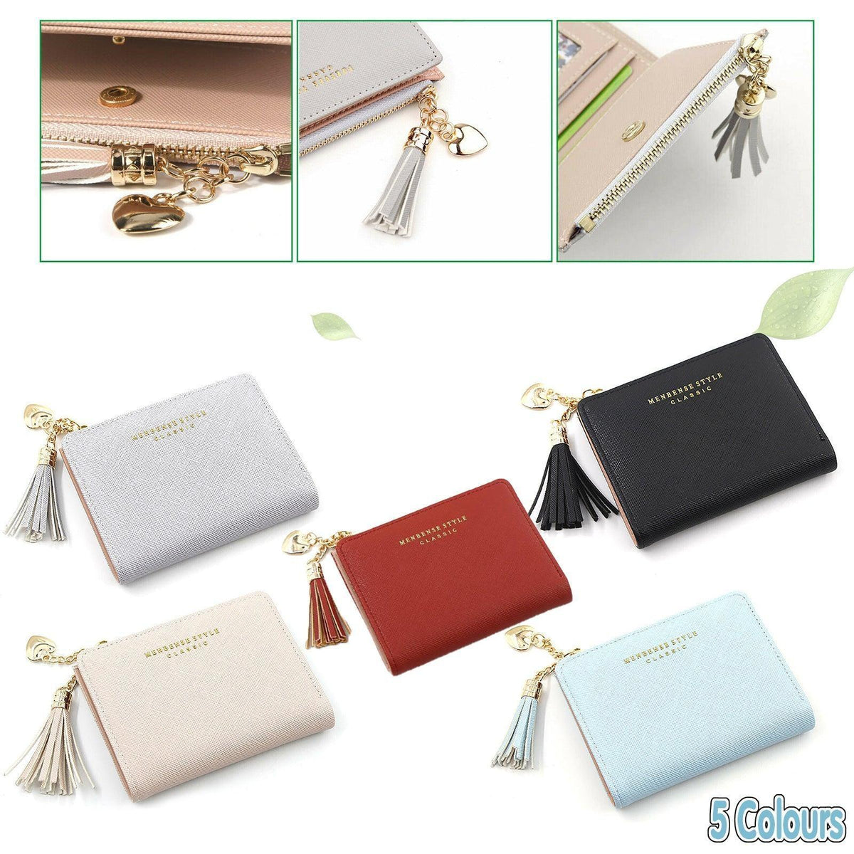 Ladies Short Wallet Small Leather Purse Folding Card Holder Coin Pocket Tassel Design - Red