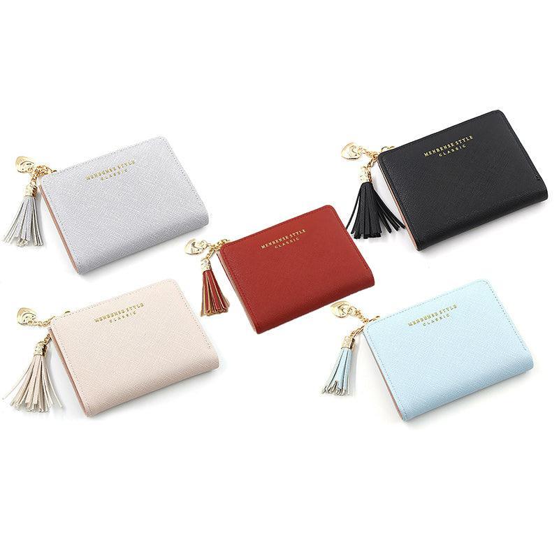 Ladies Short Wallet Small Leather Purse Folding Card Holder Coin Pocket Tassel Design - Red