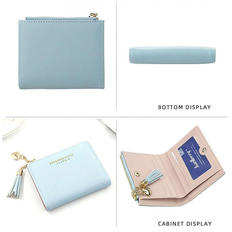 Ladies Short Wallet Small Leather Purse Folding Card Holder Coin Pocket Tassel Design - Red