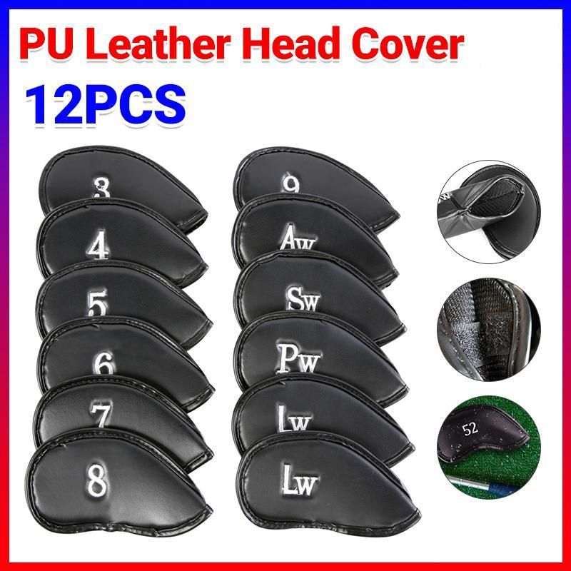 12PCS PU Leather Golf Iron Head Covers Set Black with Velcro Closure