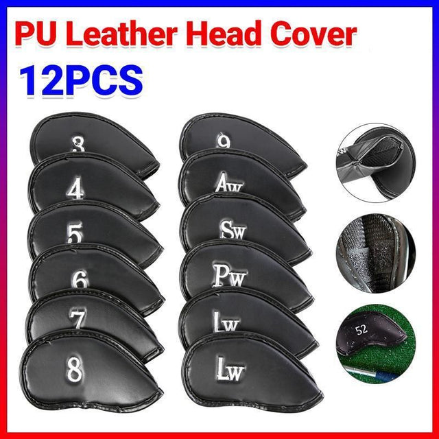 12PCS PU Leather Golf Iron Head Covers Set Black with Velcro Closure