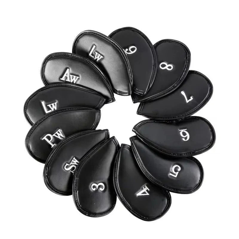 12PCS PU Leather Golf Iron Head Covers Set Black with Velcro Closure