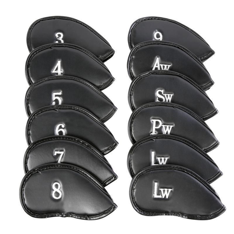 12PCS PU Leather Golf Iron Head Covers Set Black with Velcro Closure