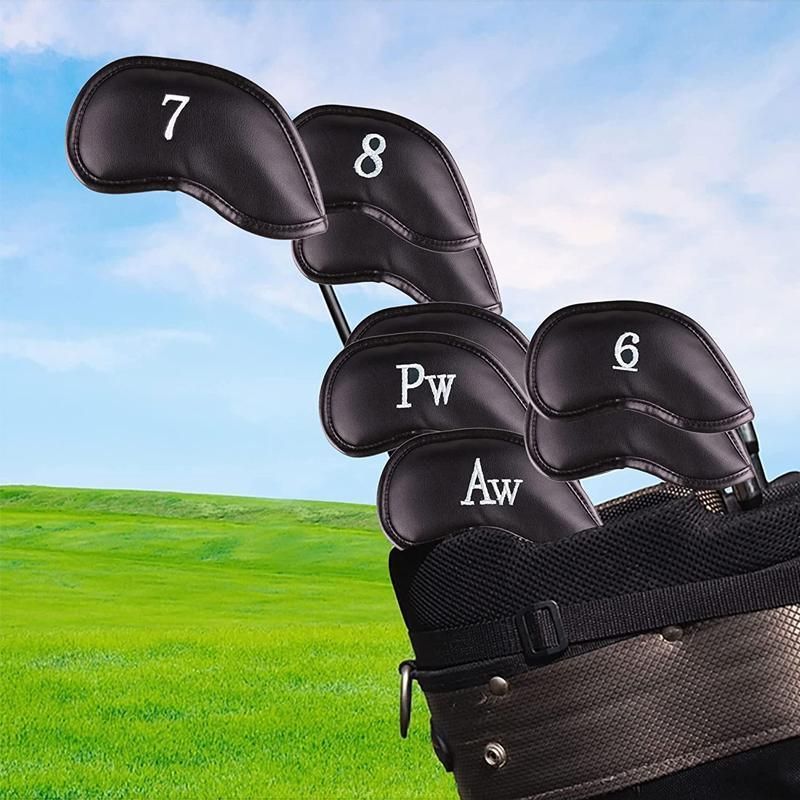 12PCS PU Leather Golf Iron Head Covers Set Black with Velcro Closure