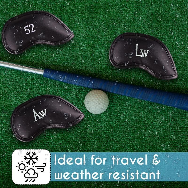 12PCS PU Leather Golf Iron Head Covers Set Black with Velcro Closure