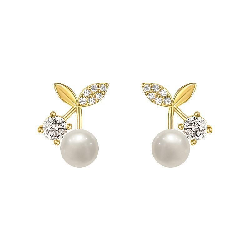 Fashion Pearl Wedding Earrings Zircon Cherry Stud Pearl Earrings for Women - Cherry