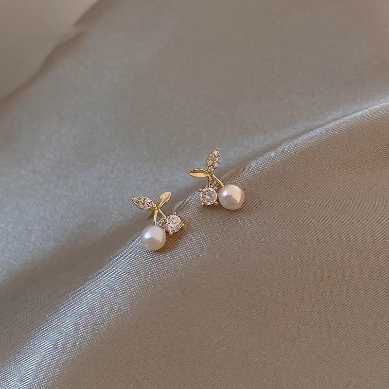 Fashion Pearl Wedding Earrings Zircon Cherry Stud Pearl Earrings for Women - Cherry