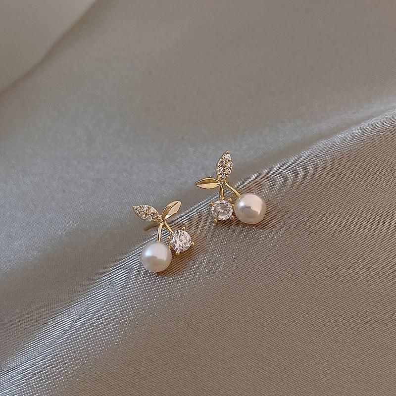 Fashion Pearl Wedding Earrings Zircon Cherry Stud Pearl Earrings for Women - Cherry