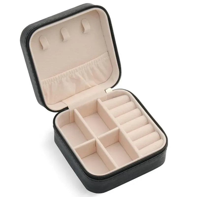 Travel Jewelry Organizer Box Portable Leather Storage Ornaments Ring Earrings - Black (10x10x5cm)