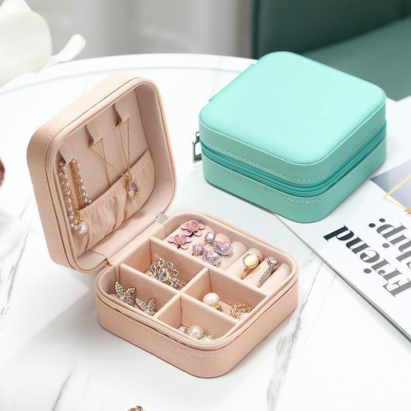 Travel Jewelry Organizer Box Portable Leather Storage Ornaments Ring Earrings - Pink (10x10x5cm)