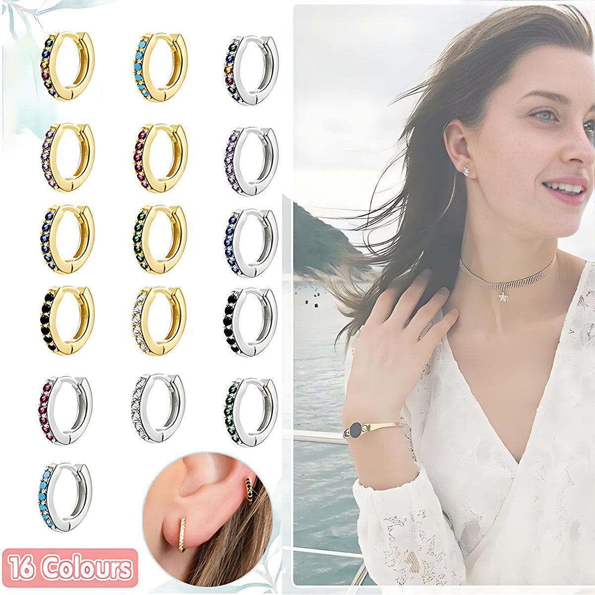 925 Sterling Silver Gold Rings Plated Cubic Crystal Cuff Huggie Hoop Earrings Au - Silver-Green Crystal