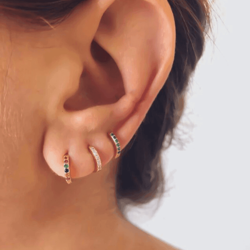 925 Sterling Silver Gold Rings Plated Cubic Crystal Cuff Huggie Hoop Earrings Au - Silver-Green Crystal