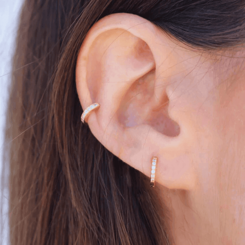 925 Sterling Silver Gold Rings Plated Cubic Crystal Cuff Huggie Hoop Earrings Au - Silver-Green Crystal