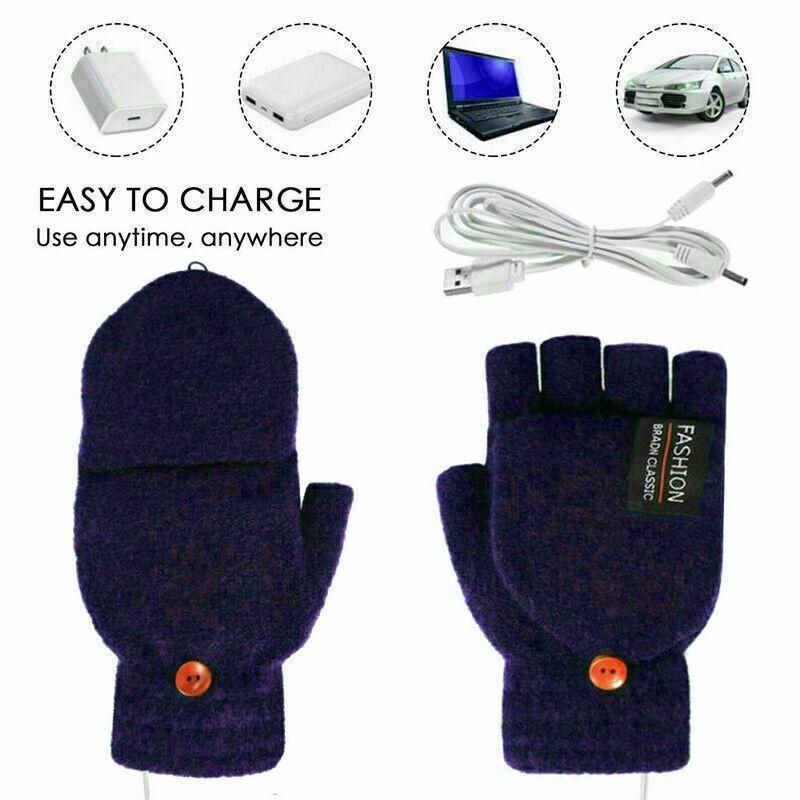 USB Heated Half Finger Gloves Winter Warm Knitted Gloves for Typing and Office Use - Blue