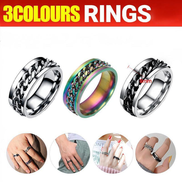 Spinner Rings Mens Womens Fidget Rotating Ring Silver Stainless Steel Size 12 - Black