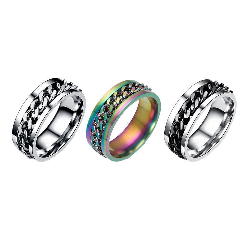 Spinner Rings Mens Womens Fidget Rotating Ring Silver Stainless Steel Size 11 - Rainbow