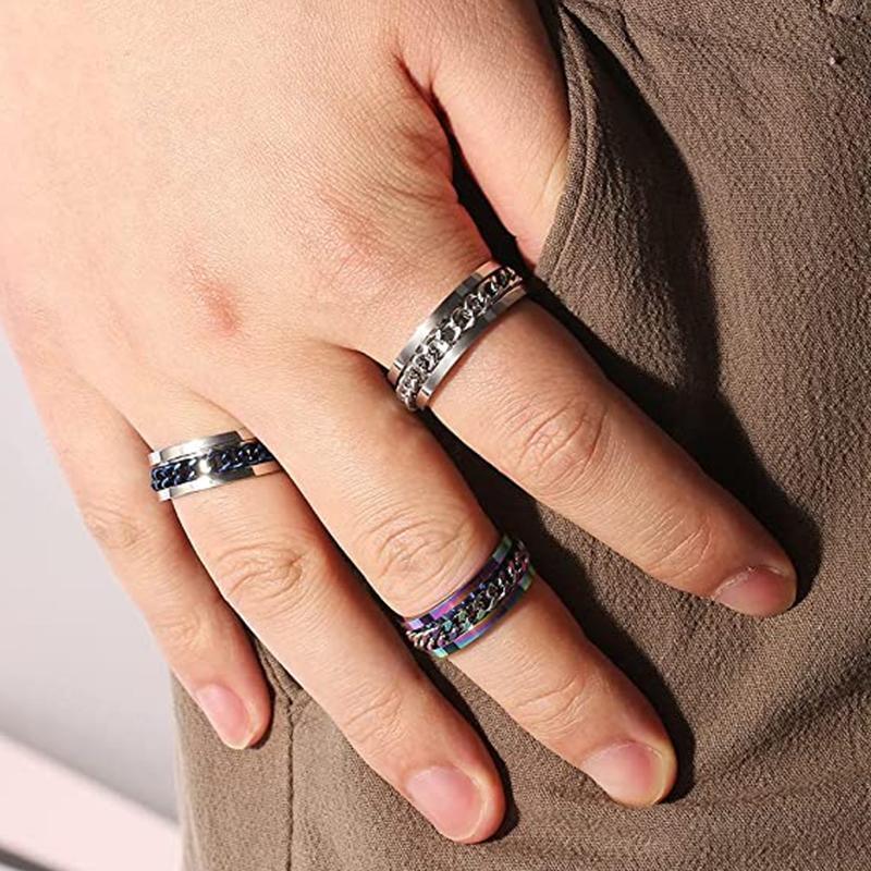 Spinner Rings Mens Womens Fidget Rotating Ring Silver Stainless Steel Size 11 - Rainbow